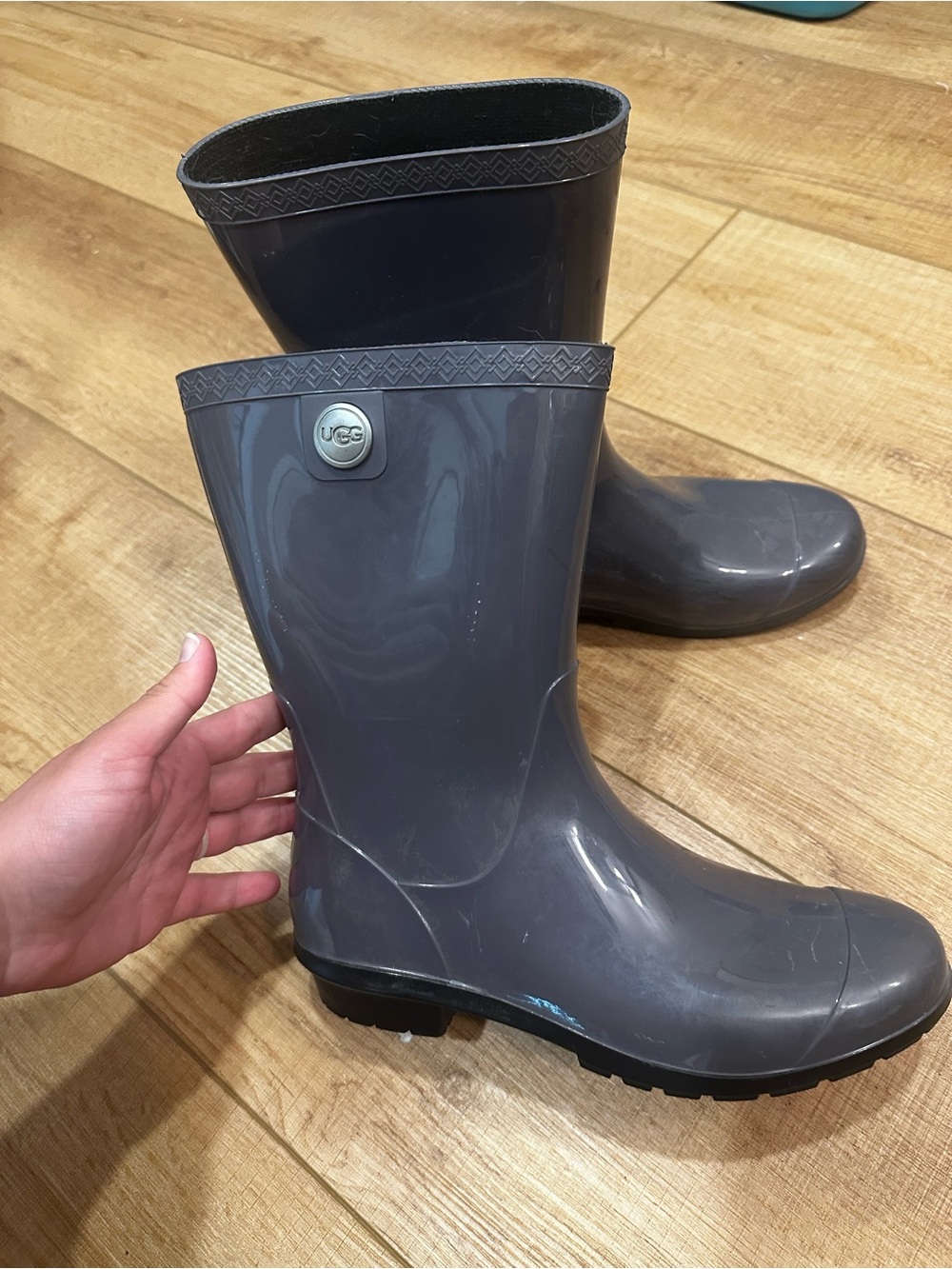 UGG Gray Gloss Rain Boots with Logo Button